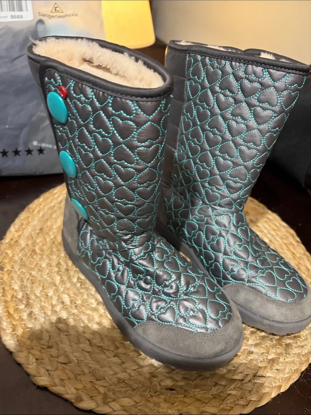 UGG Gray Quilted Heart Boots with Teal Accents